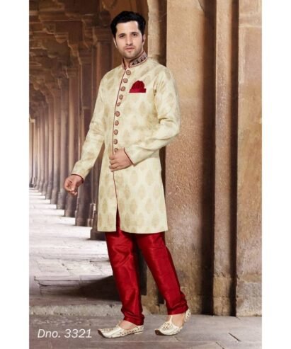 Beige Woven Jacquard Stitched Sherwani – Perfect for Weddings & Celebrations