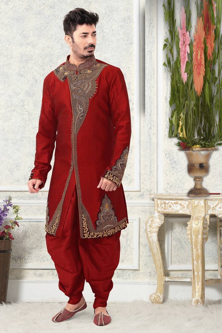 Red Sherwani All Over Hand Work, Semi Indo Style