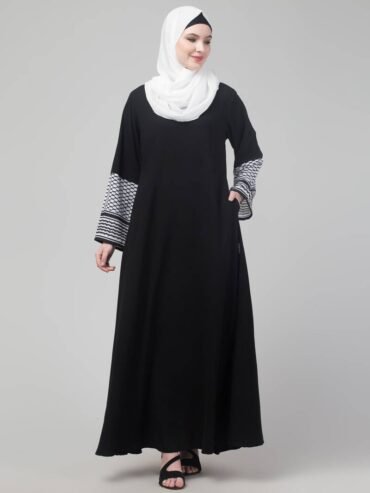 Elegant Black Matt Nida Abaya with Keffiyeh Printed Sleeve & Hijab