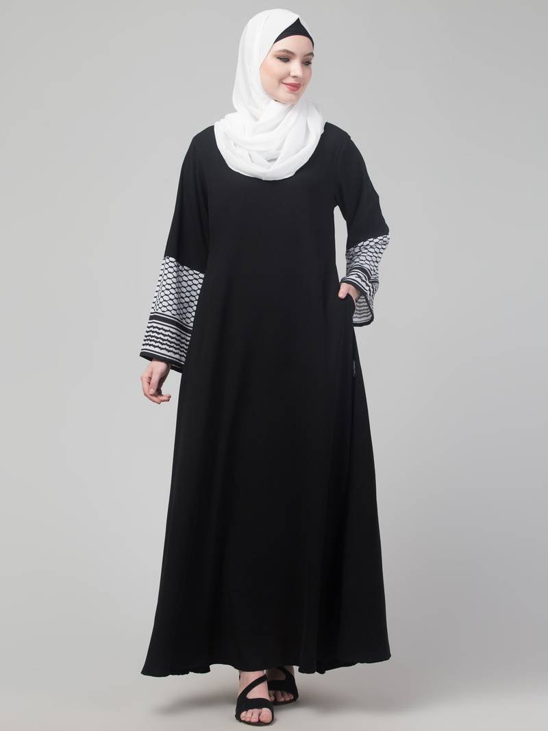 Elegant Black Matt Nida Abaya with Keffiyeh Printed Sleeve & Hijab
