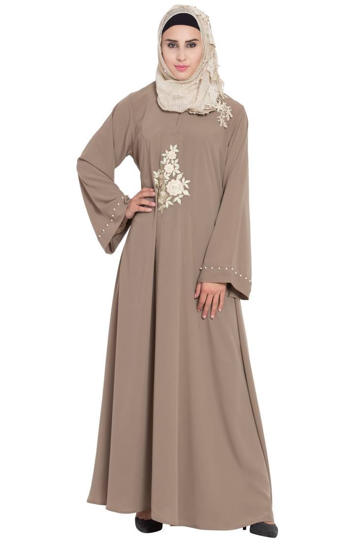 Elegant Beige Embroidered Crepe Abaya with Hijab – Modern & Stylish