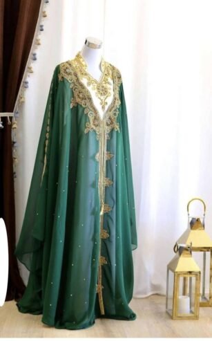 The Elegant Green & White Handcrafted Zari Work Georgette Kaftan