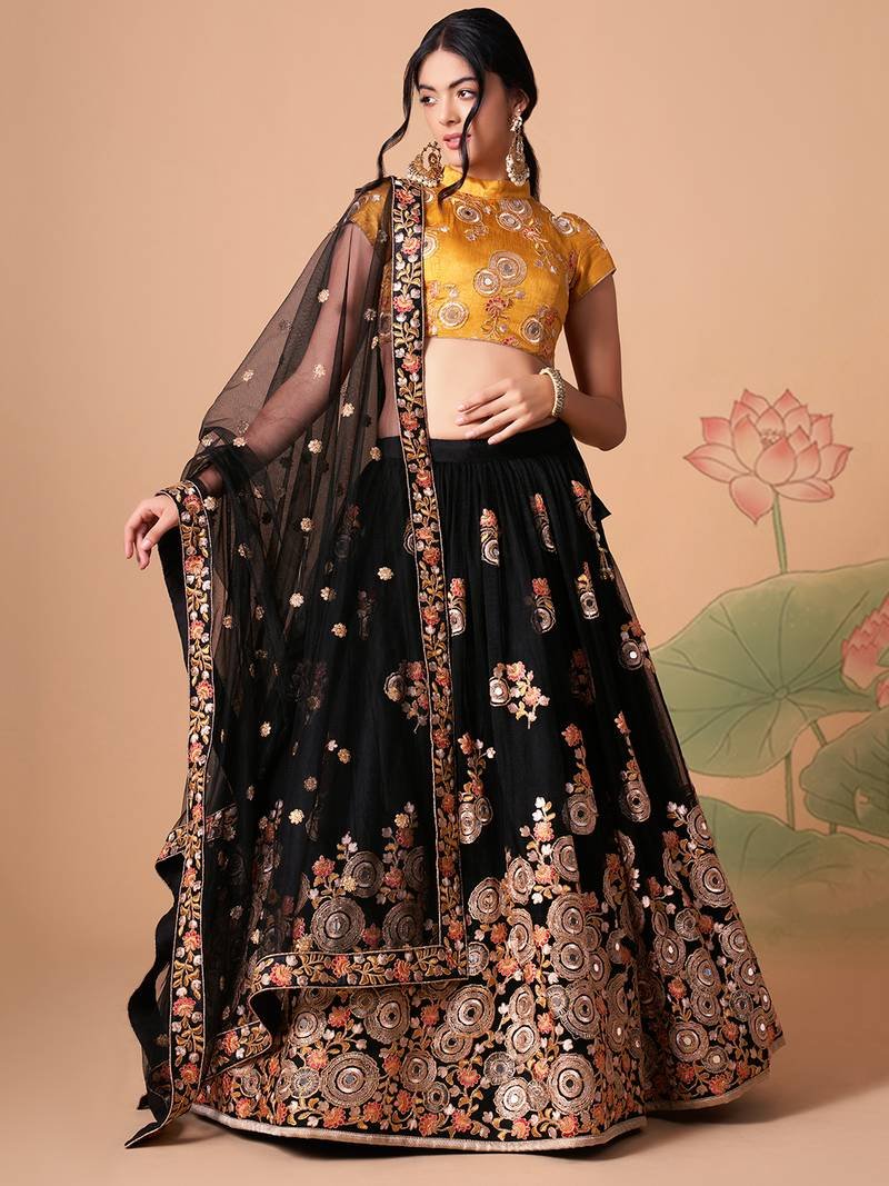 The Stunning Black Net Bridesmaid Lehenga Choli with Gold Blouse & Dupatta
