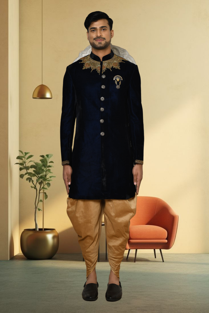 Elevate Your Ethnic Look with a Mirraw Navy Blue Sherwani