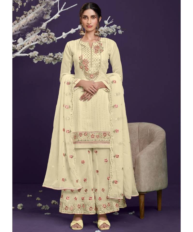 Off White Georgette Semi Stitched Salwar Suits – Elegant Indian Dresses