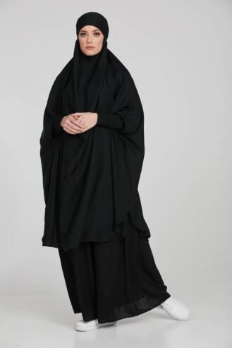 Elegant Two Piece Jilbab Khimar Style Abaya with Skirt – Black