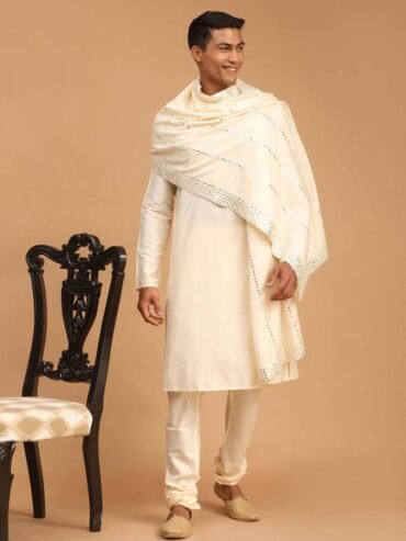 Men’s Cream Viscose Kurta, Pyjama & Dupatta Set – Elegant Muslim Dress for Men