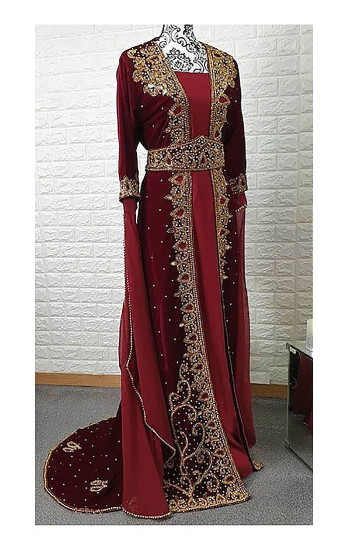 Elegant Maroon Velvet Stone & Zari Work Wedding Kaftan for Women