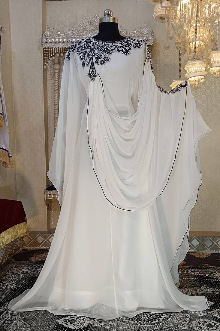 Elegant White Dubai Embroidery Kaftan Dress – Mirraw