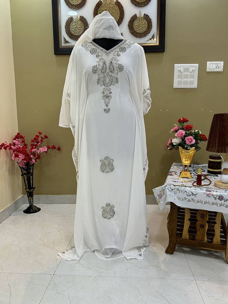 Elegant White Georgette Zari Work Party Wear Kaftan Dress – From Mirraw