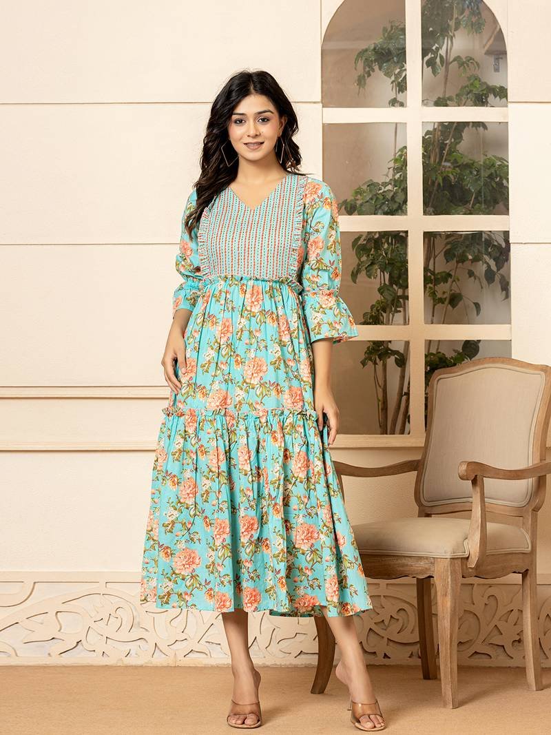 Teal Green Cotton Floral Print Tiered Dress With Ruffles – Stylish & Comfortable