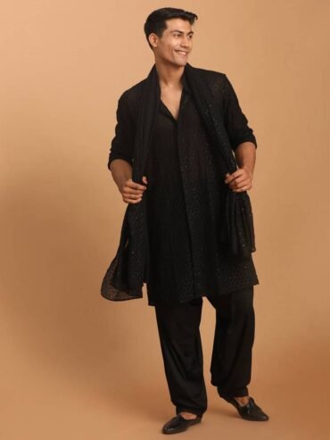 Men’s Black Georgette Kurta, Pyjama & Dupatta Set – Elegant Muslim Men Clothing