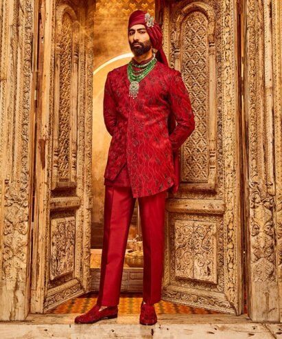 Deep Red Chanderi Silk Asymmetrical Sherwani – From MIRRAW