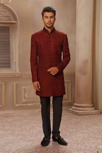 The Elegant Red Velvet Sherwani for the Perfect Wedding Look