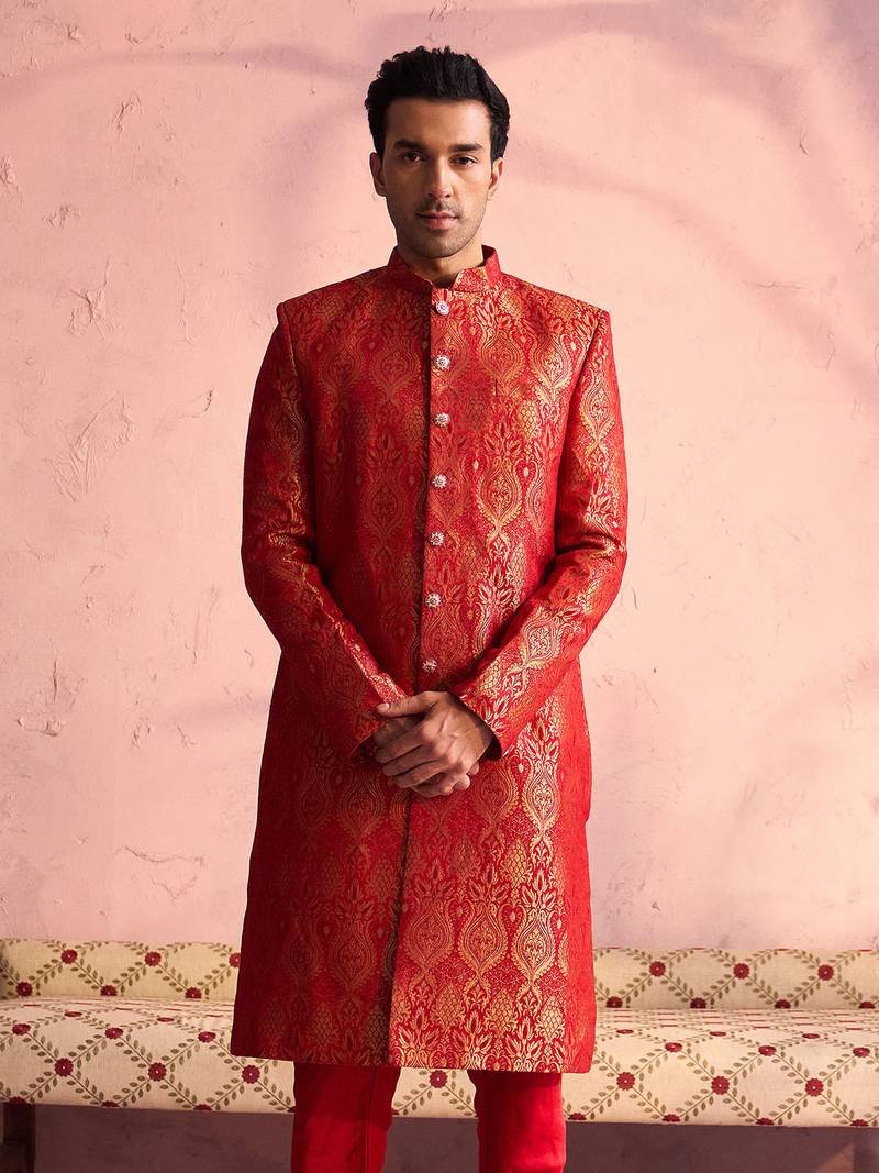 Elegant Men’s Red Silk Blend Sherwani – Only Top