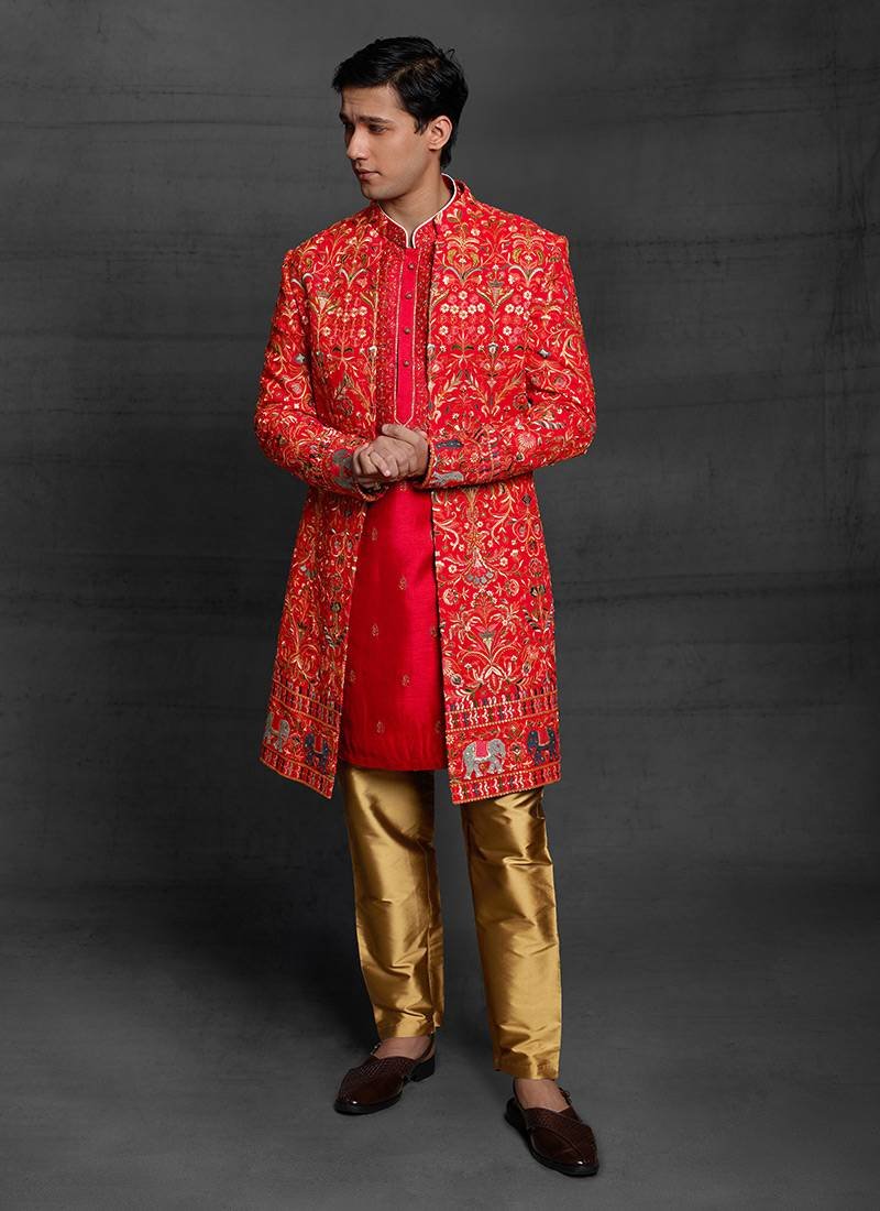 Elegant Red Sherwani for a Royal Groom Look Mirraw Exclusive
