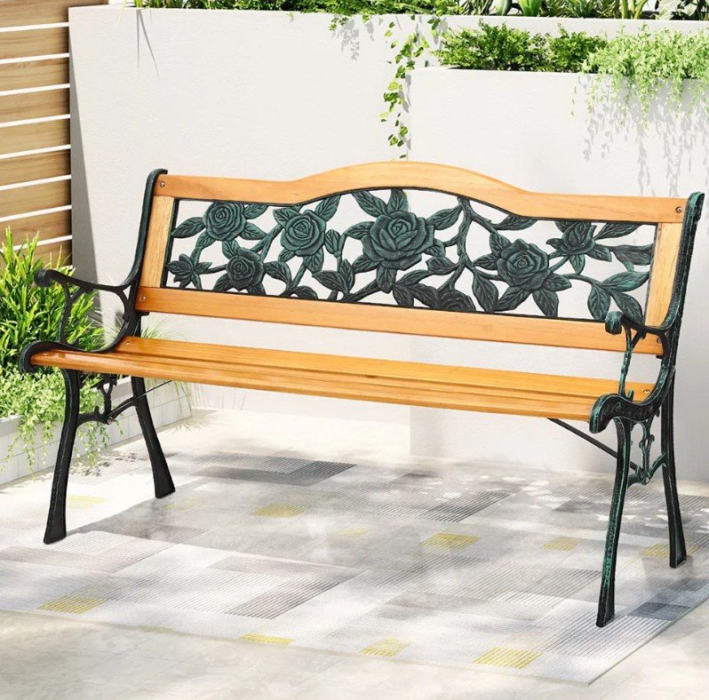 Gardeon 126cm Wooden Cast Iron 3-Seater Garden Bench