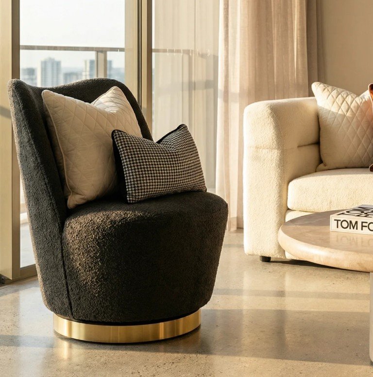 Elegant Chateau Swivel Accent Chair in Charcoal Bouclé Style