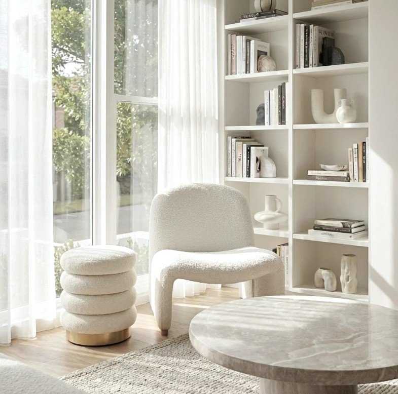 Elegant Sculptural Bouclé Armchair – Haven Curved White Accent Chair